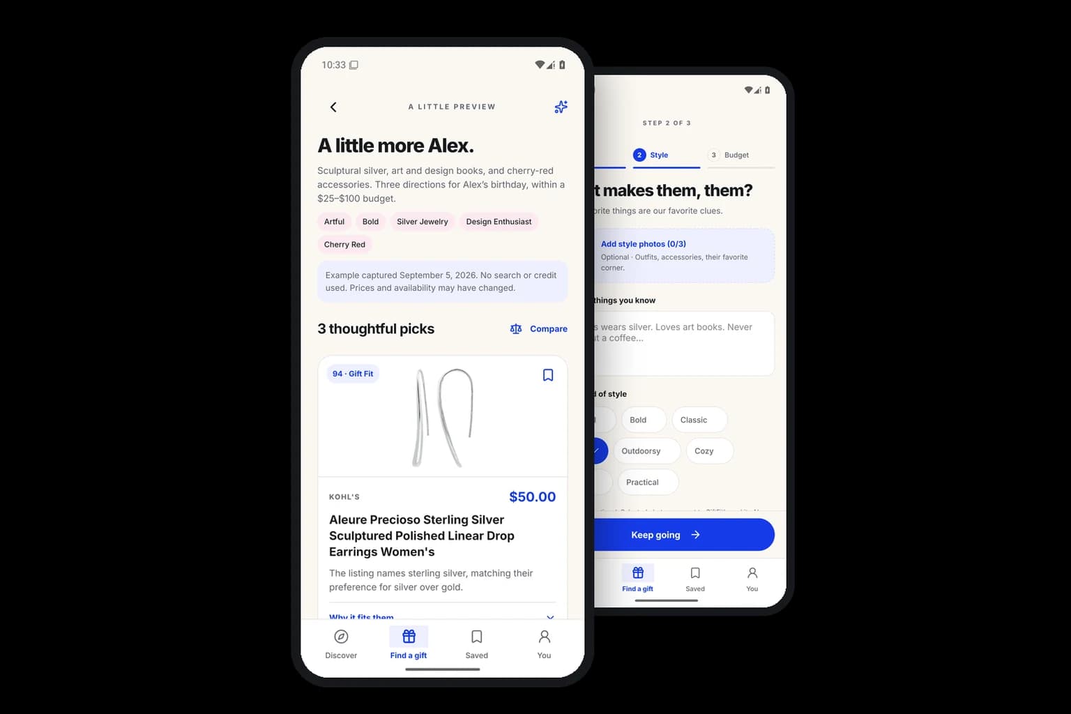 Two phones running the GiftFitly Android app: a shortlist showing sterling silver earrings with a Gift Fit score of 94, and the style-clues step of the gift brief