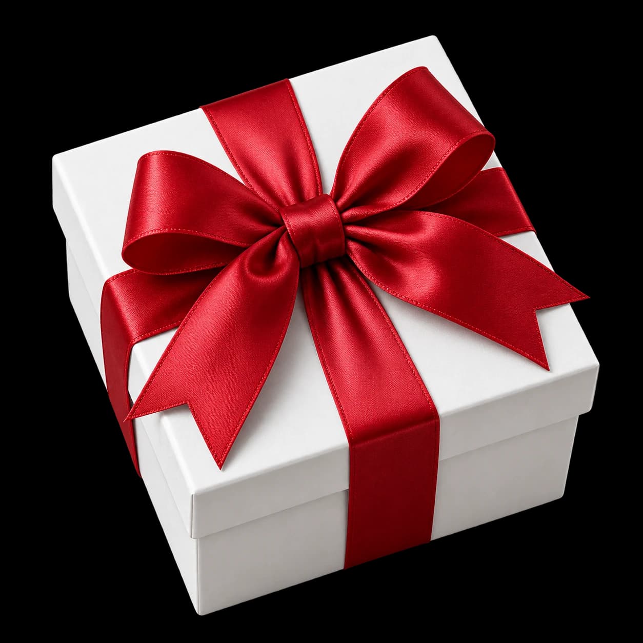 A white gift box wrapped with a red satin bow