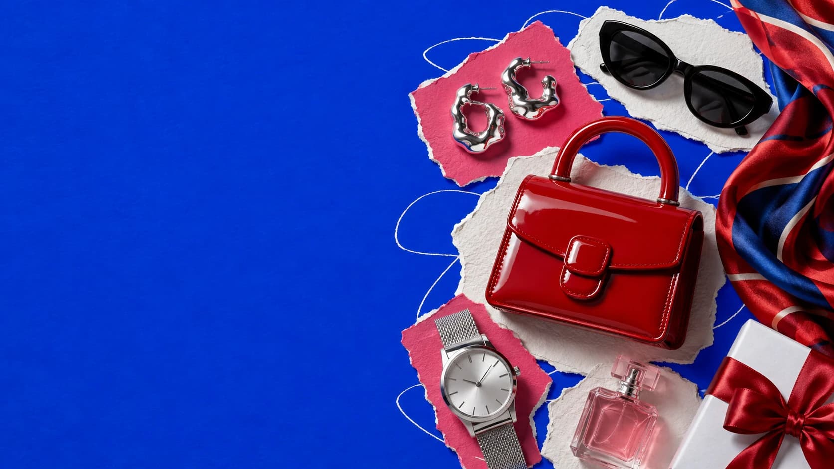 A torn-paper style collage of a cherry-red handbag, silver earrings, sunglasses, a watch, a silk scarf, fragrance, and a ribbon-wrapped gift