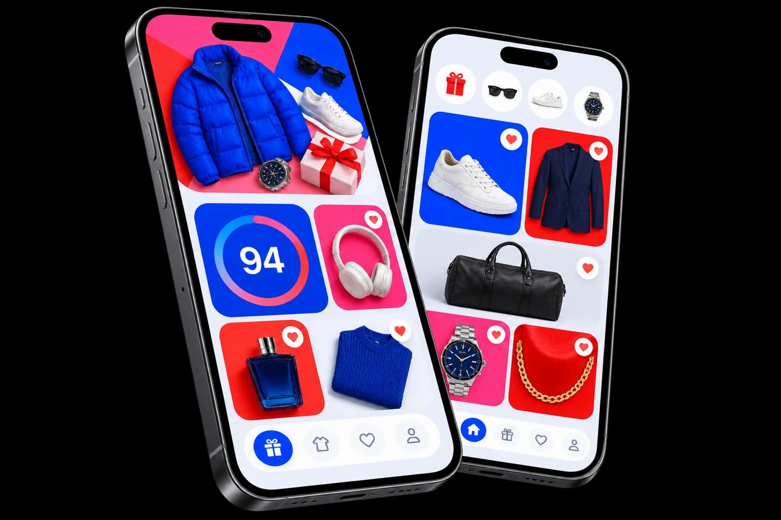 Two phones showing GiftFitly recommendations and a Gift Fit Score of 94